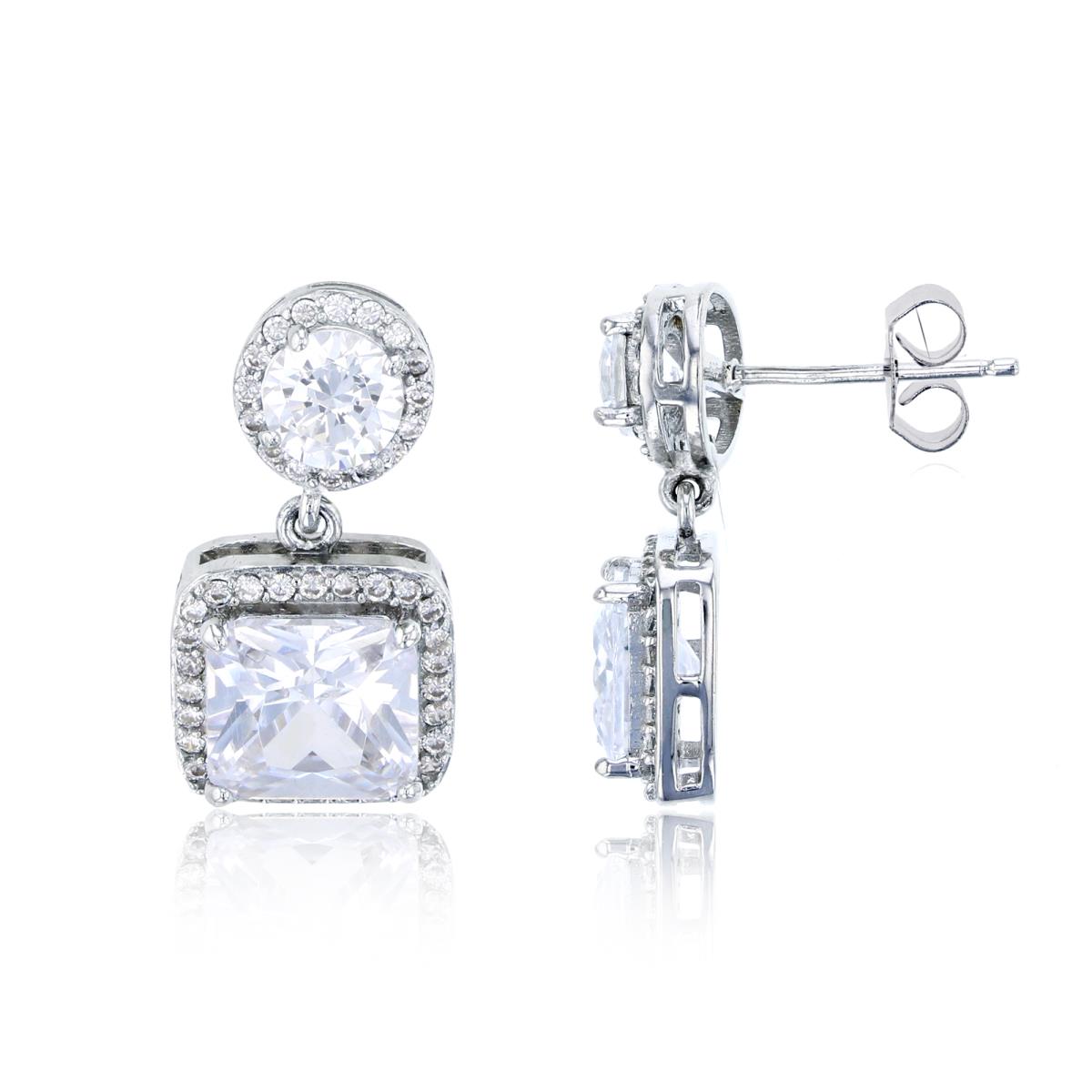 Sterling Silver Rhodium 5mm Rd & 8mm Sq Halo Dangling Earring
