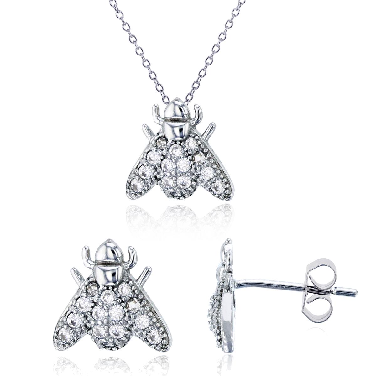 Sterling Silver Rhodium Fly 13"+2" Necklace & Earring Set