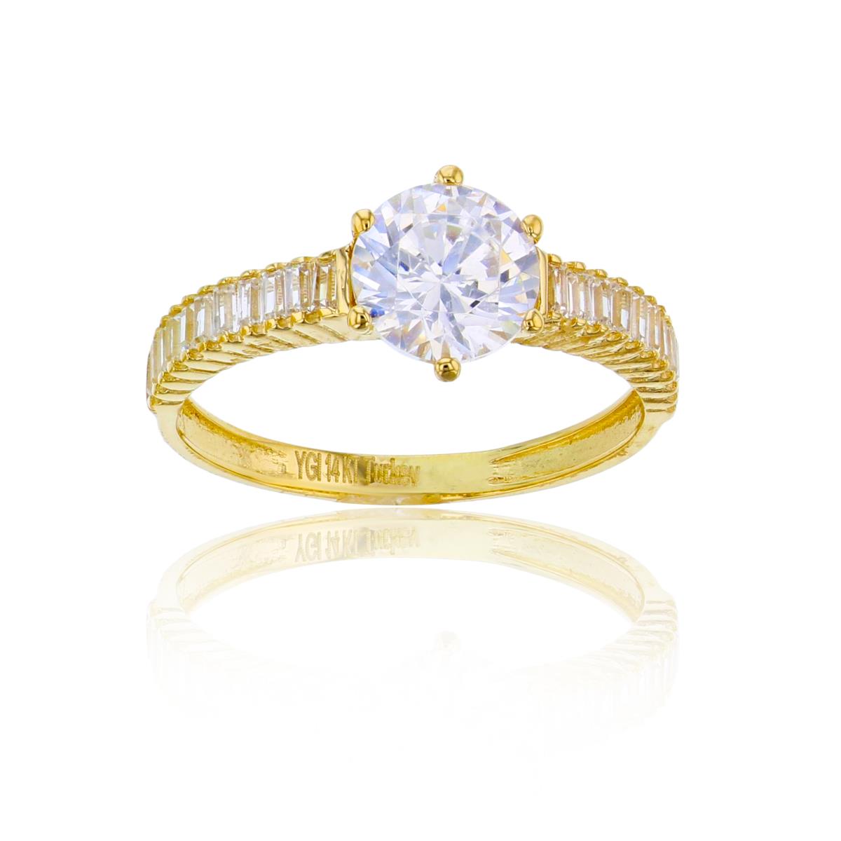 14K Yellow Gold 7mm Rnd CZ Baguette Sides Solitaire Ring