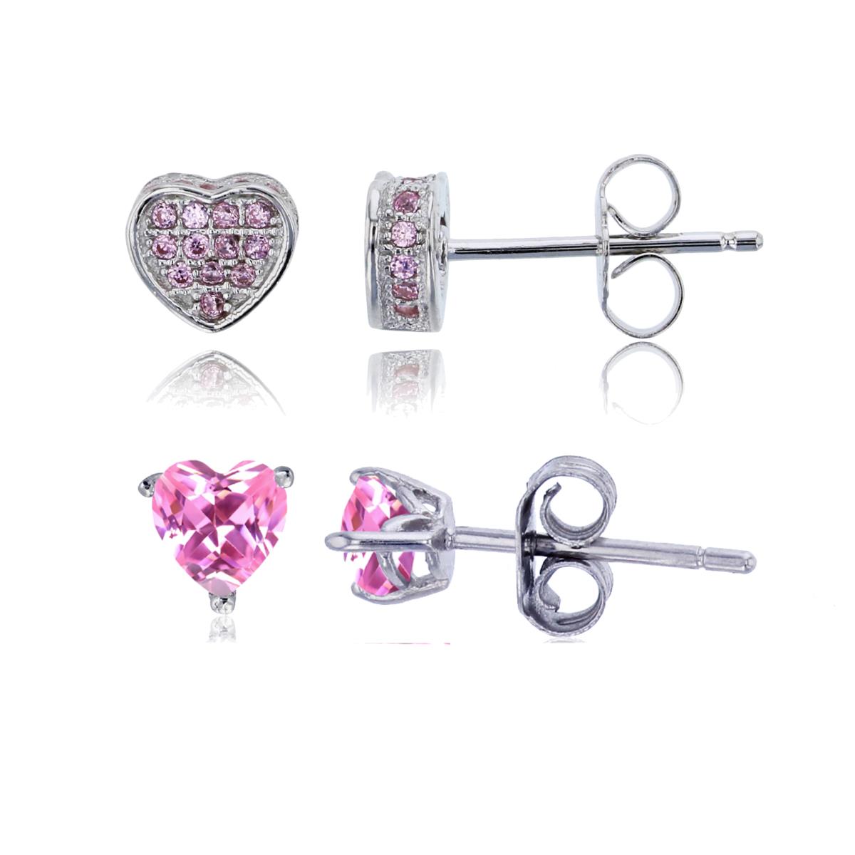 Sterling Silver Rhodium Micropave Pink 3D Heart & 5x5mm AAA Pink Heart Solitaire Stud Earring Set