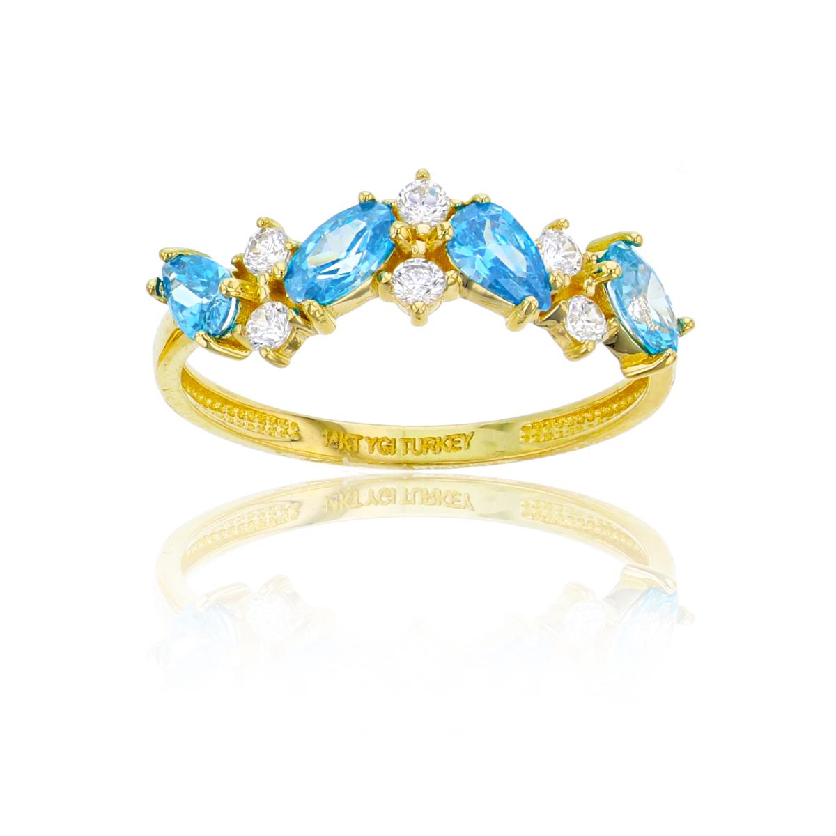 14K Yellow Gold Swiss Blue & White CZ Pear/Oval/Rd Cut Fashion Ring