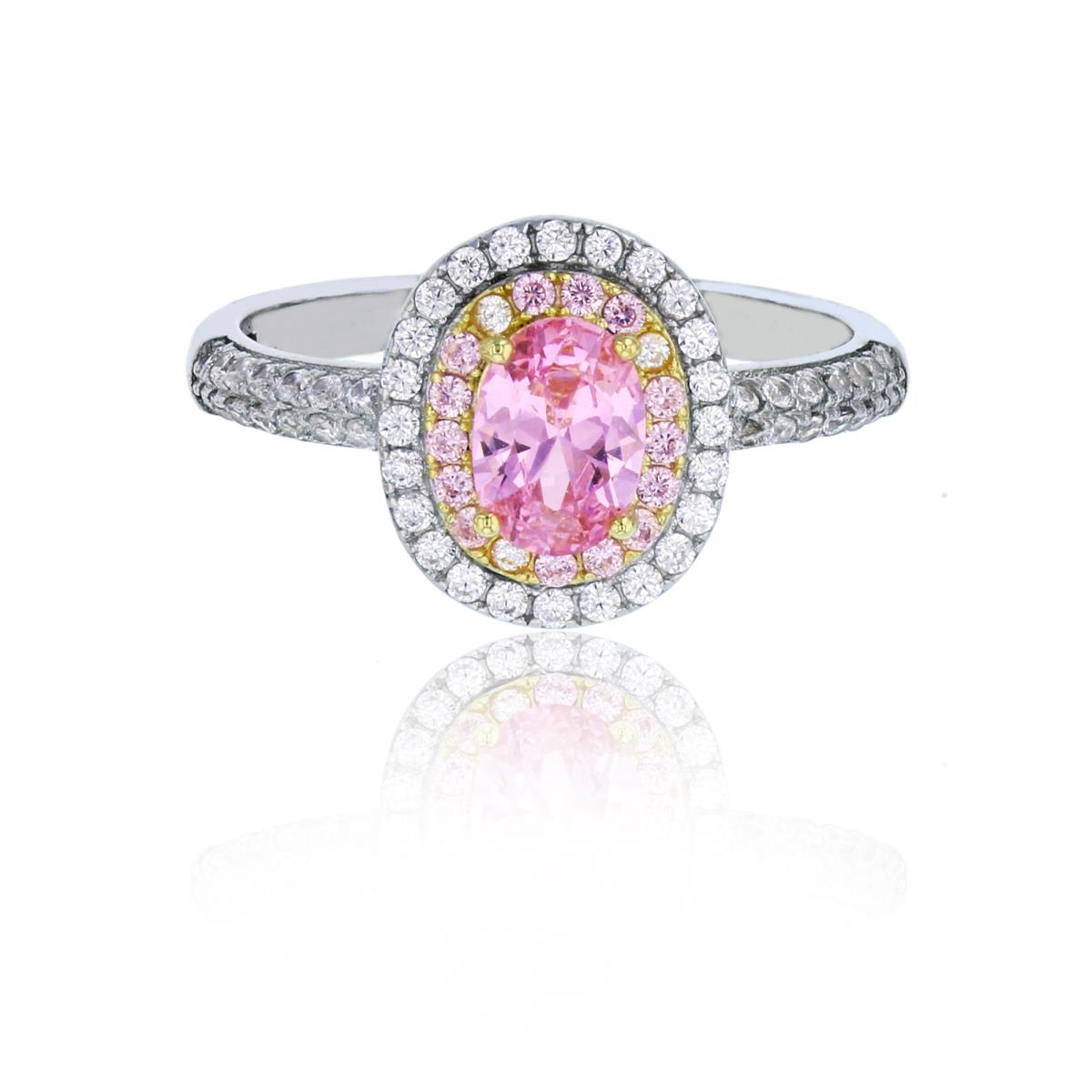 Sterling Silver Rhodium & Yellow Pink 7x5mm Oval Cut Double Halo Fashion Ring