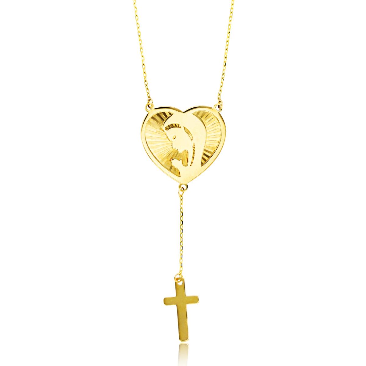 14K Yellow Gold DC Heart/Mother Theresa & Cross on Spool 16"+1"Necklace