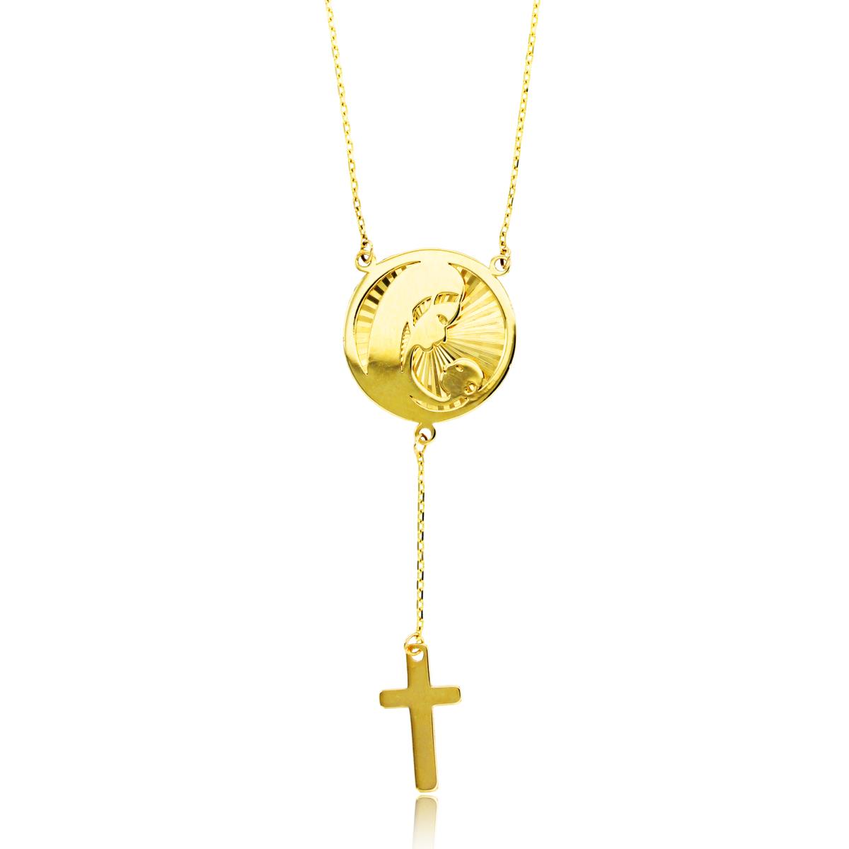 14K Yellow Gold DC "Mom & Baby" & Cross on Spool 16"+1"Necklace