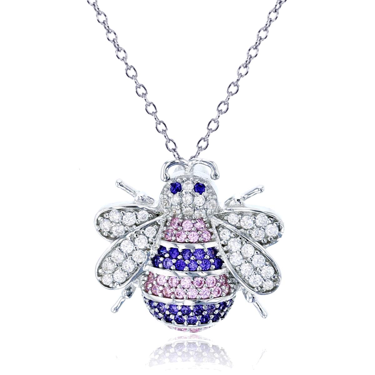 Sterling Silver Rhodium Micropave Multi Color CZ Bee 18" Necklace