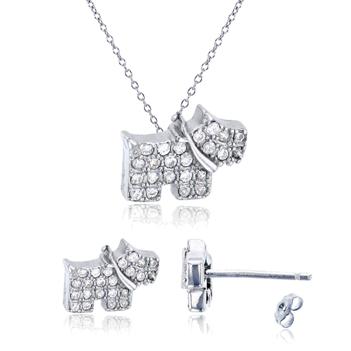 Sterling Silver Rhodium Micropave Dog 13"+2" Necklace & Earring Set