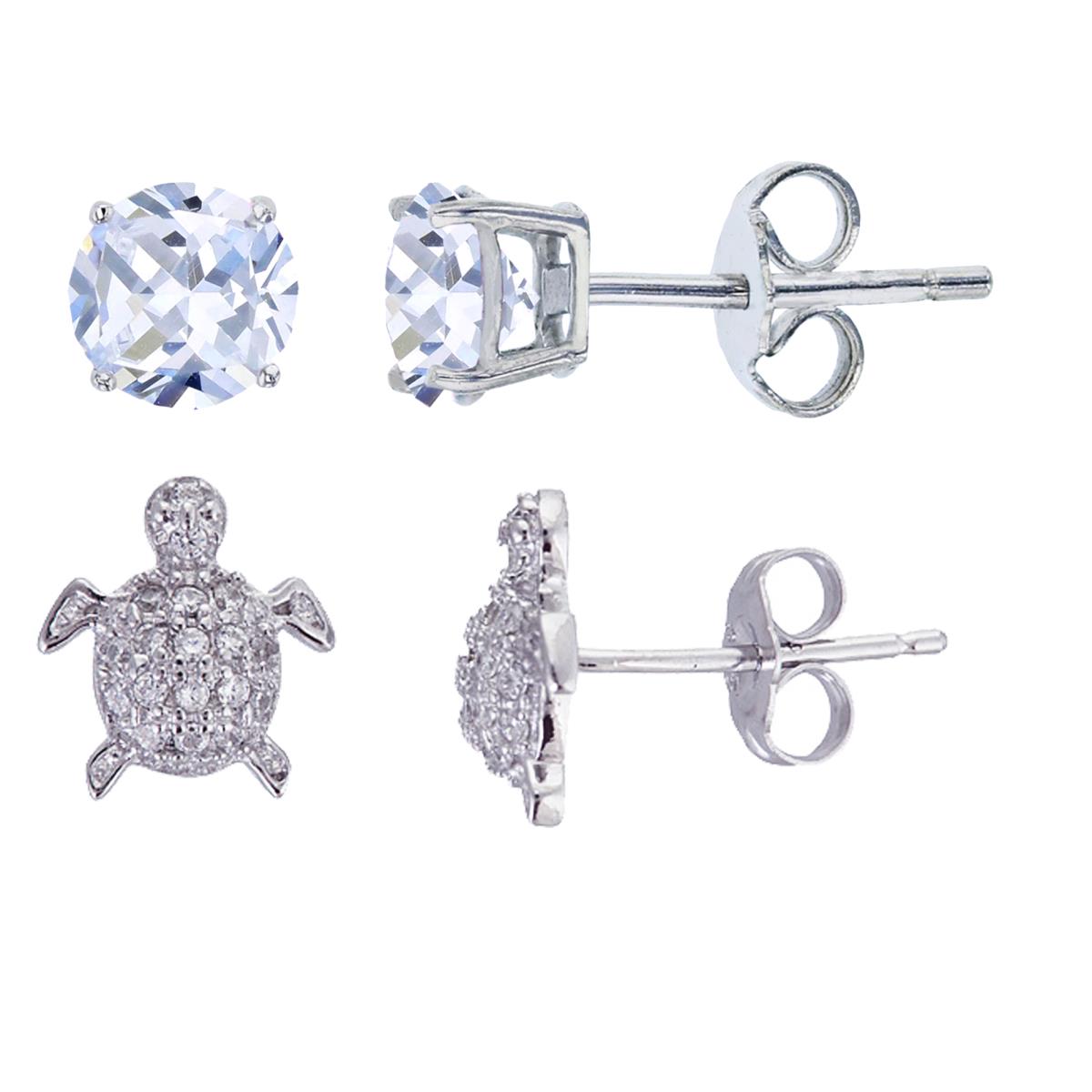 Sterling Silver Rhodium Turtle & 4mm Round Solitaire Stud Earring Set