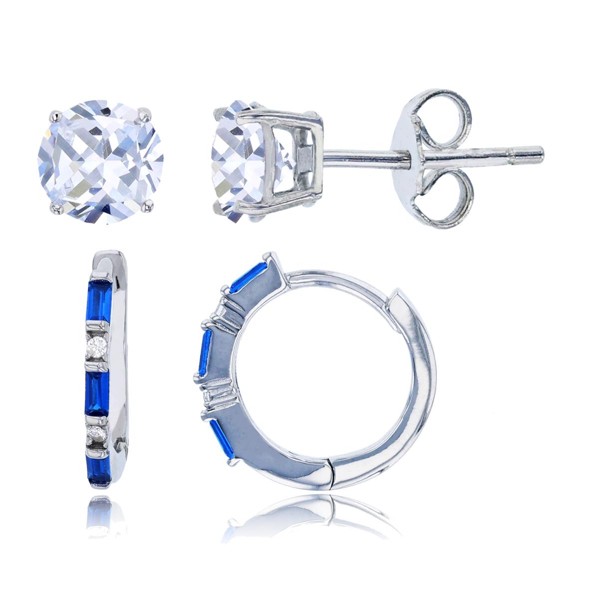 Sterling Silver Rhodium 14x2mm Sapphire Bgt/White Rd Huggie & 4mm Rd Solitaire Stud Earring Set 