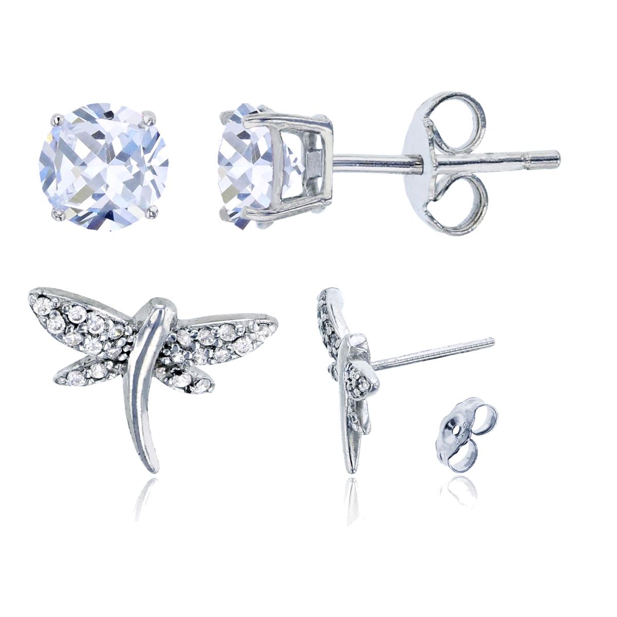 Sterling Silver Rhodium Dragonfly & 4mm Round Solitaire Stud Earring Set