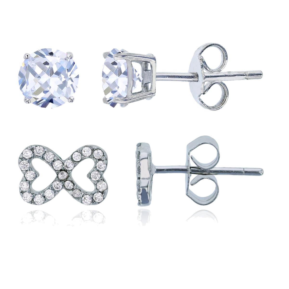Sterling Silver Rhodium 6x8mm Micropave Heart Bow & 4mm Round Solitaire Stud Earring Set