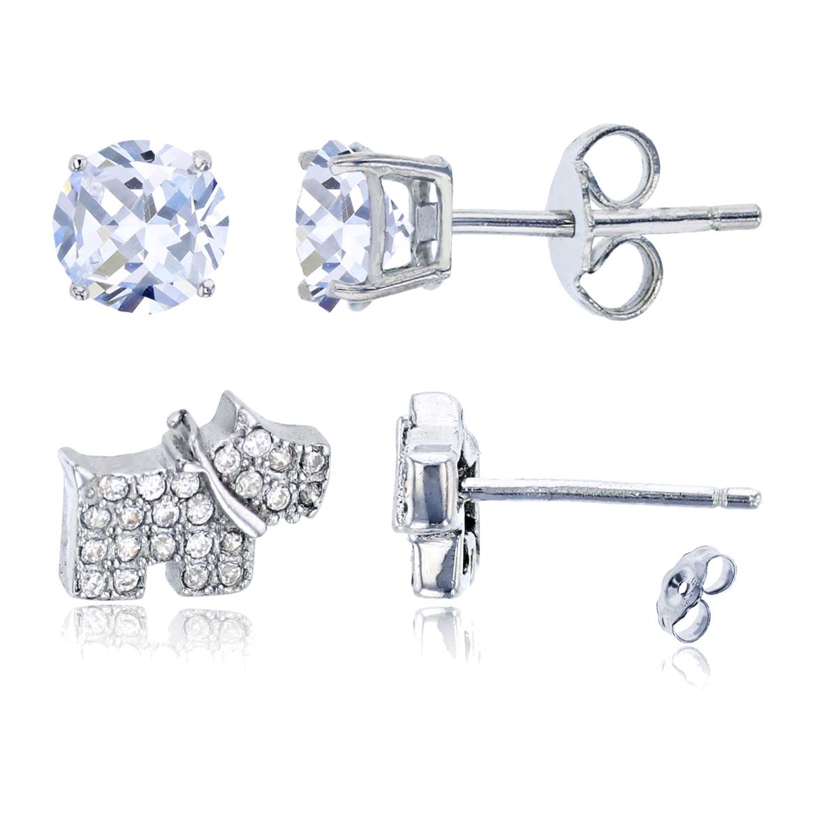 Sterling Silver Rhodium Micropave Dog & 4mm Round Solitaire Stud Earring Set