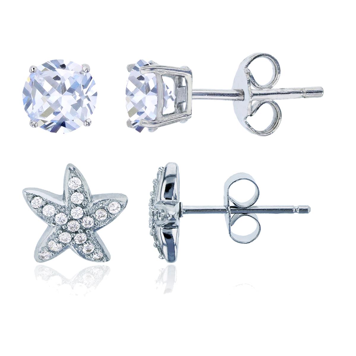 Sterling Silver Rhodium 1.1mm Round CZ Starfish & 4mm Round Solitaire Stud Earring Set