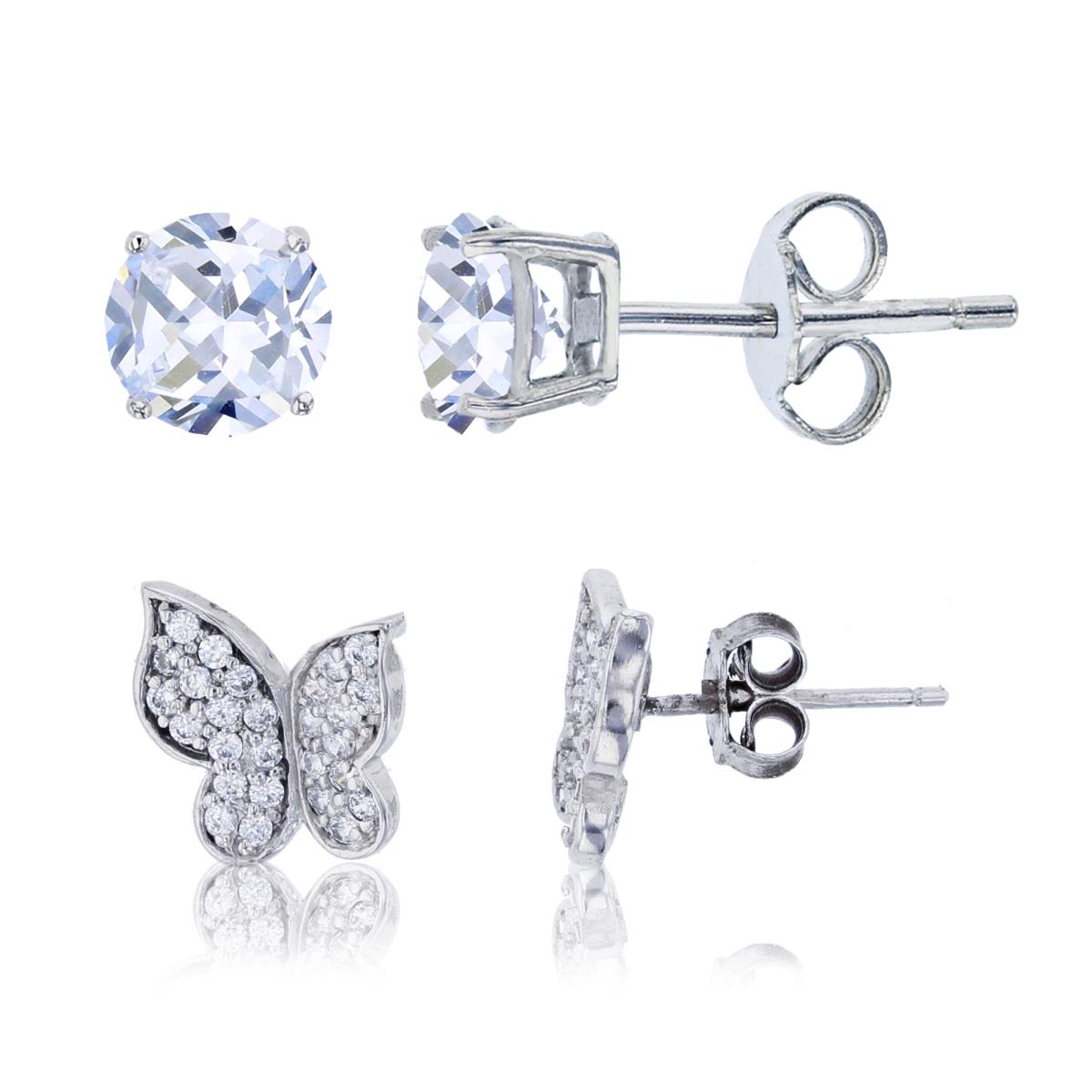 Sterling Silver Rhodium Micropave Butterfly & 4mm Round Solitaire Stud Earring Set