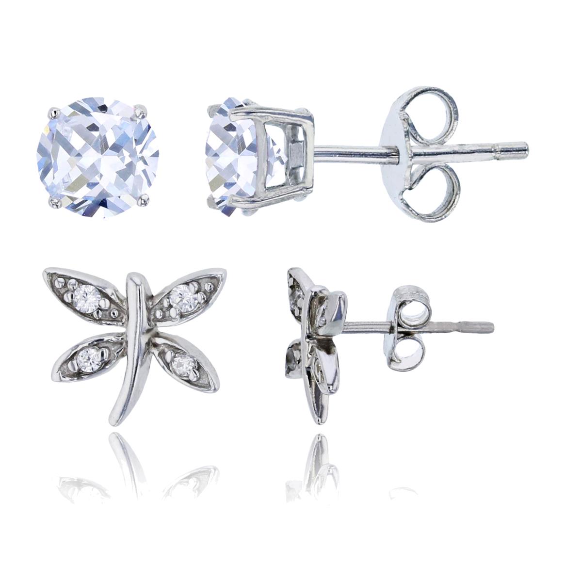 Sterling Silver Rhodium 9x10mm Dragonfly CZ & 4mm Round Solitaire Stud Earring Set