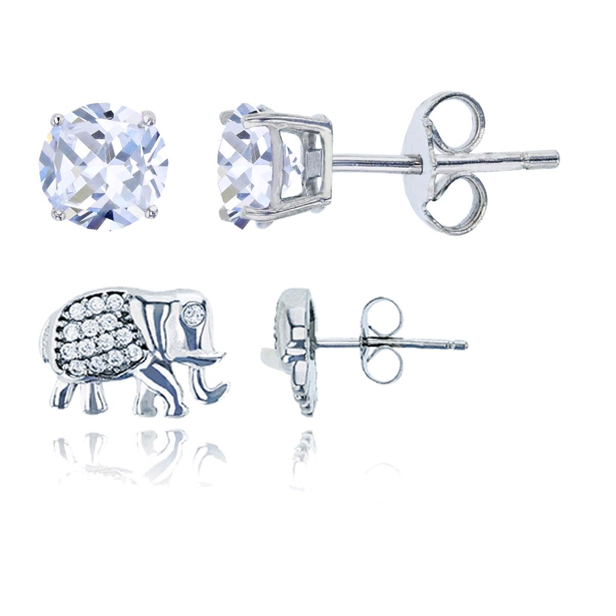 Sterling Silver Rhodium Micropave Elephant CZ & 6mm Round Solitaire Stud Earring Set