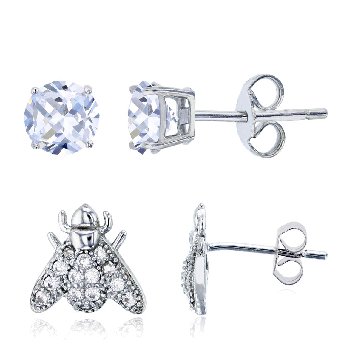 Sterling Silver Rhodium Fly & 6mm Round Solitaire Stud Earring Set