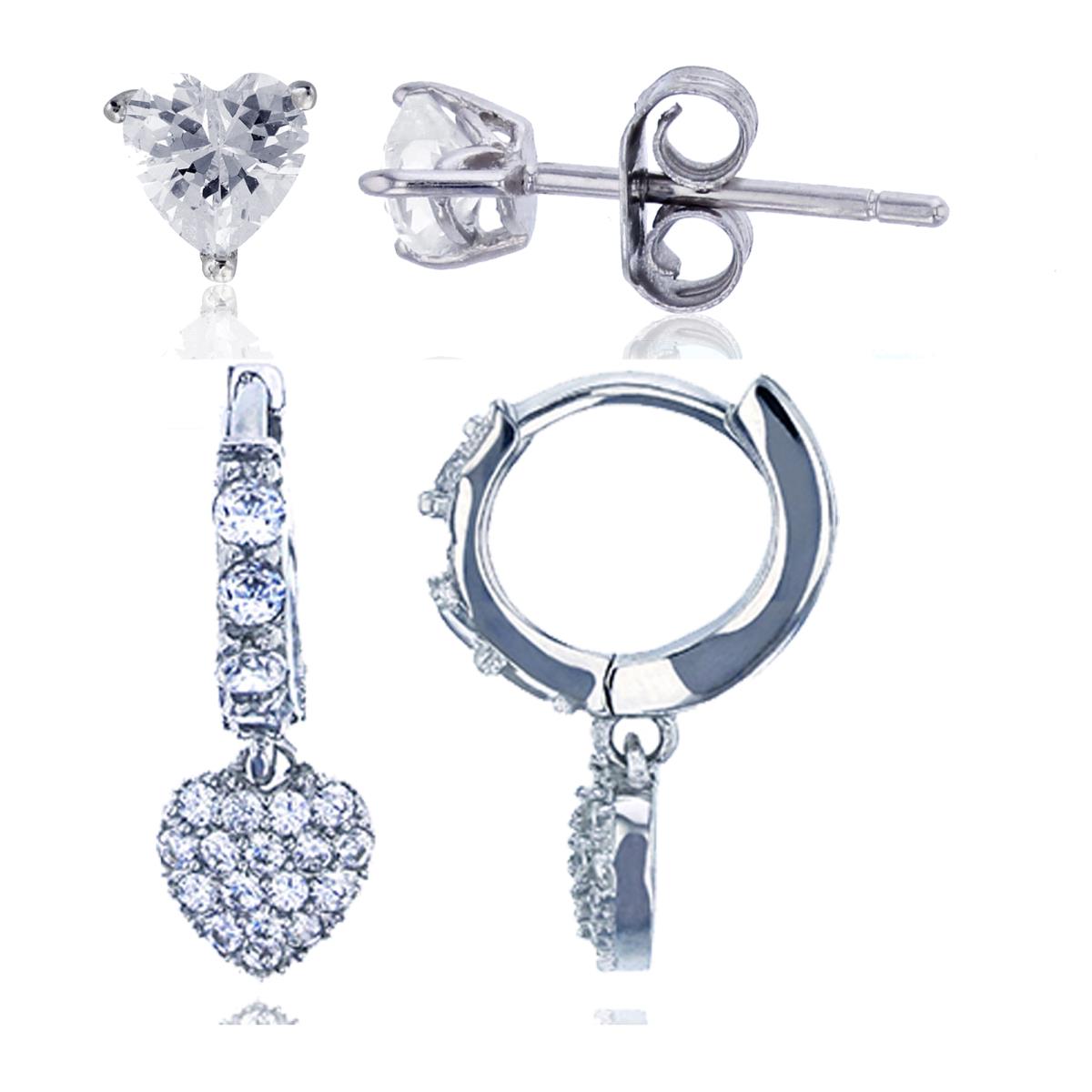 Sterling Silver Rhodium Pave Round CZ Dangling Heart Huggie & 4x4mm Heart Solitaire Stud Earring Set