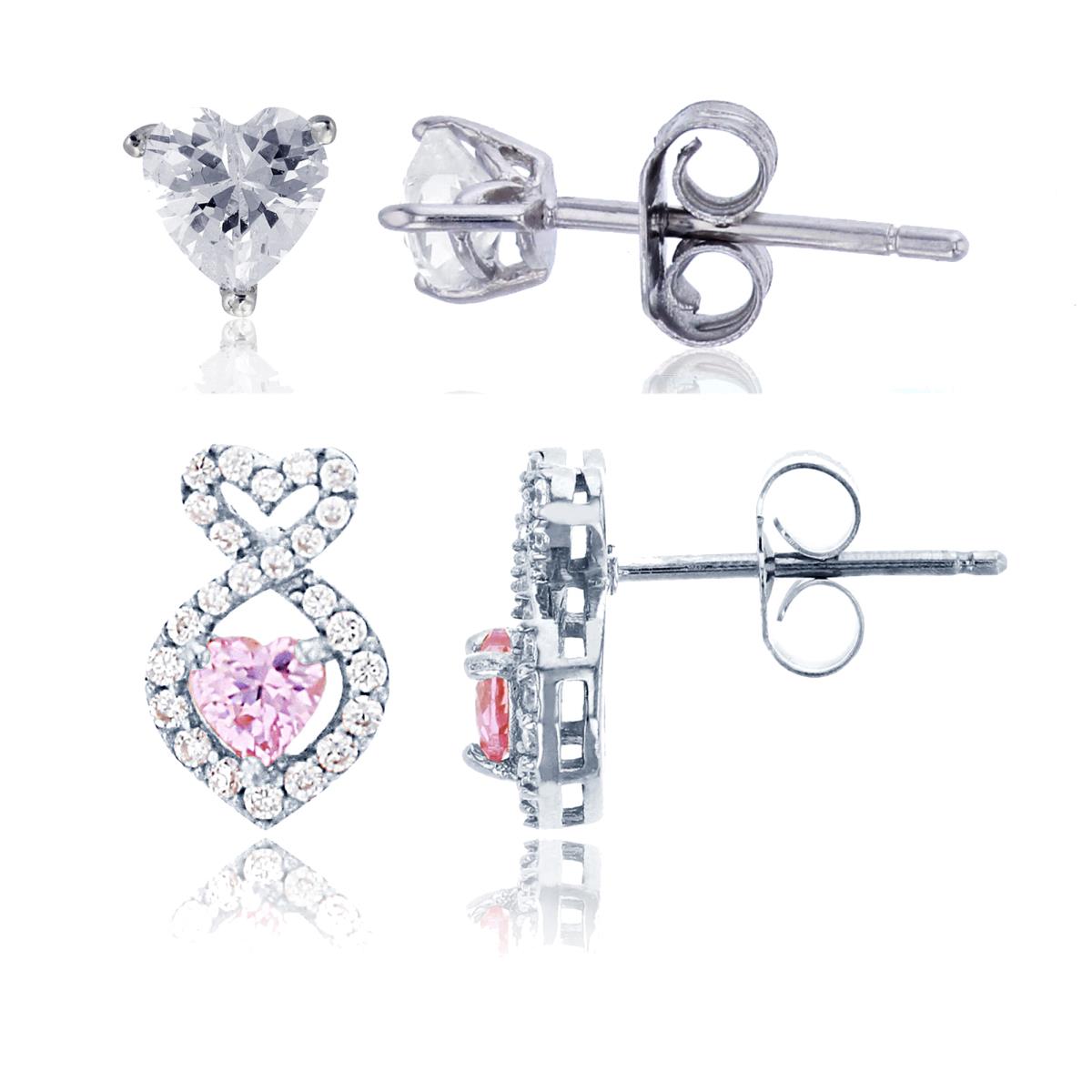 Sterling Silver Rhodium 4mm Pink Heart Cut CZ Fish & 4x4mm Heart Solitaire Stud Earring Set