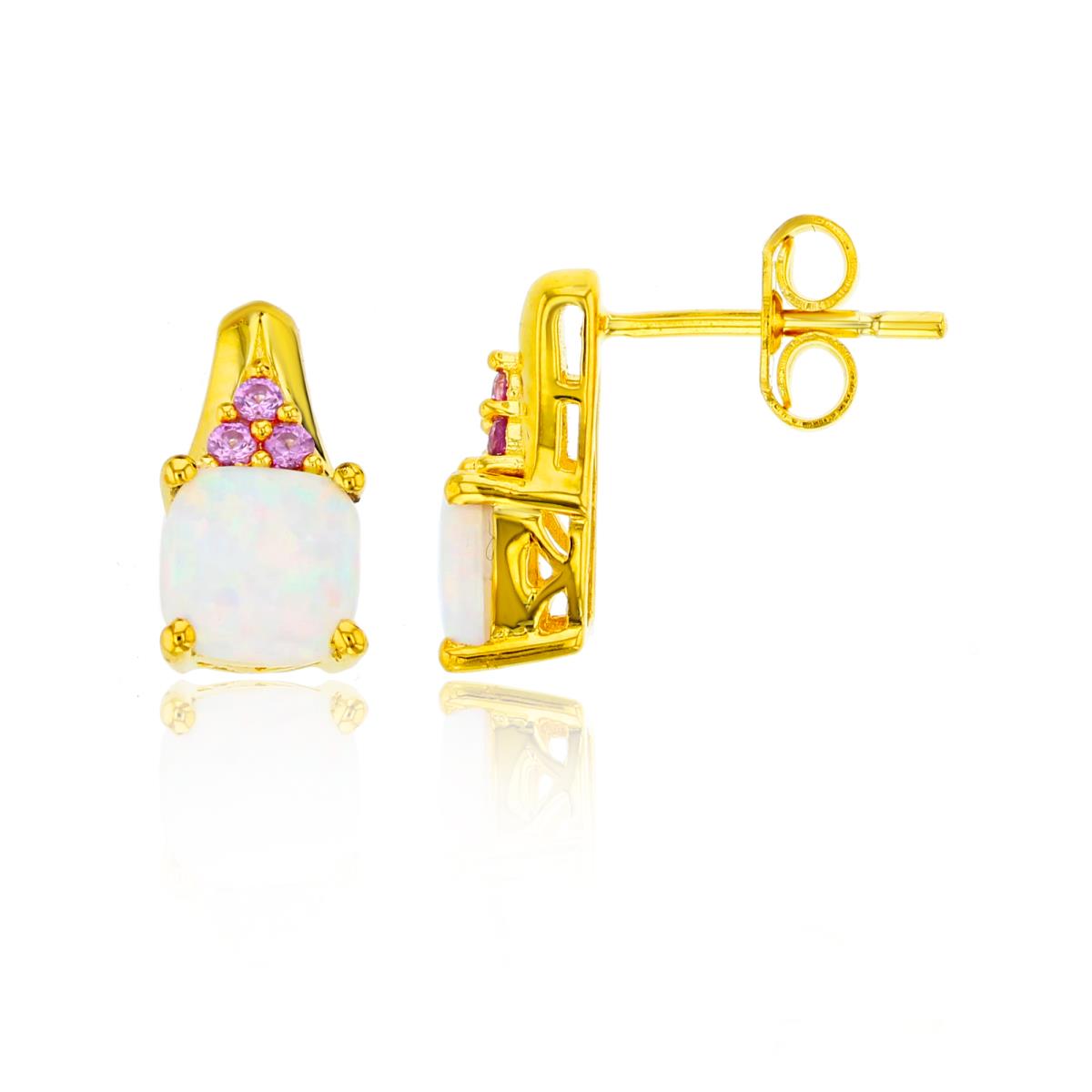 Sterling Silver Yellow 6mm Cush Created Opal & Rnd Created Pink Sapphire Stud Earring