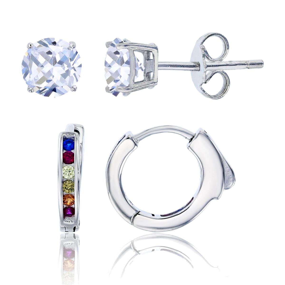 Sterling Silver Rhodium 12x3mm Pave Multi Color One-Row Channel Set Huggie & 4mm Rd Solitaire Stud Earring Set