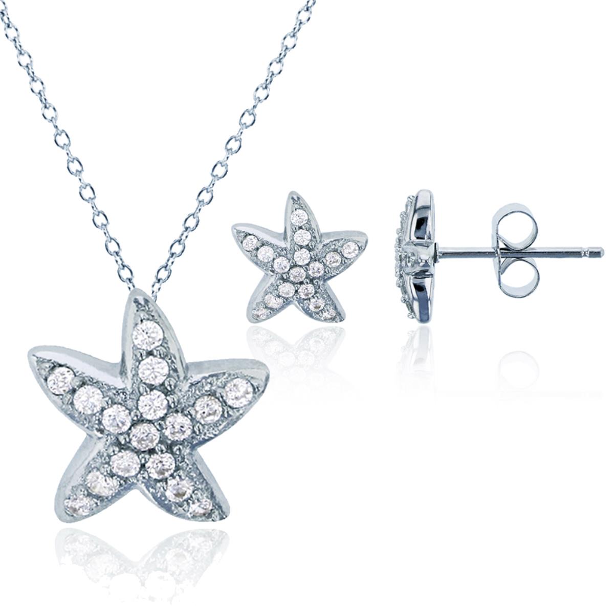 Sterling Silver Rhodium 1.1mm Round CZ Starfish 13"+2" Necklace & Earring Set
