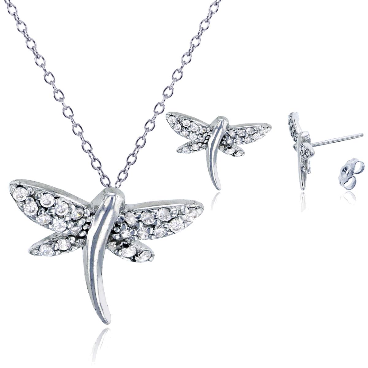 Sterling Silver Rhodium Dragonfly 13"+2" Necklace & Earring Set