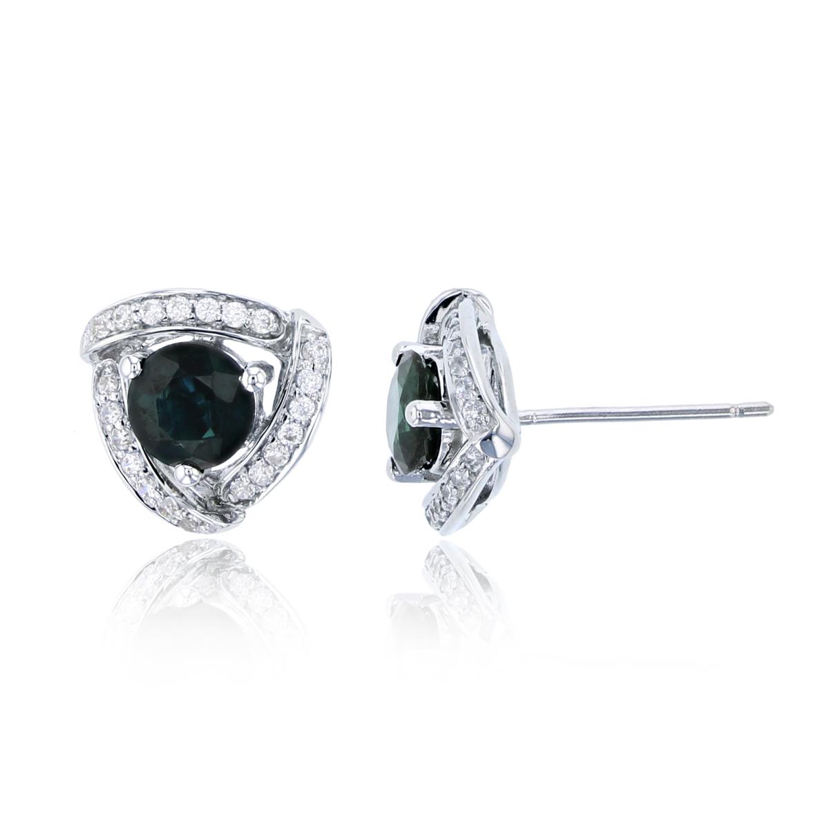 10K White Gold 0.17 CTTW Diamonds & 5mm Rnd Sapphire Triangle Stud Earring with Silicone Back