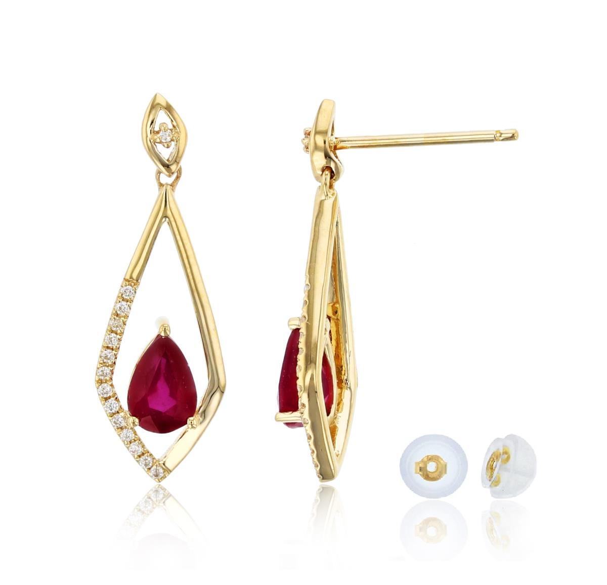 10K Yellow Gold 6x4mm Pear Cut Glass Filled Ruby & 0.09 CTTW Diamonds Open Rhombus Dangling Earring with Silicone Back