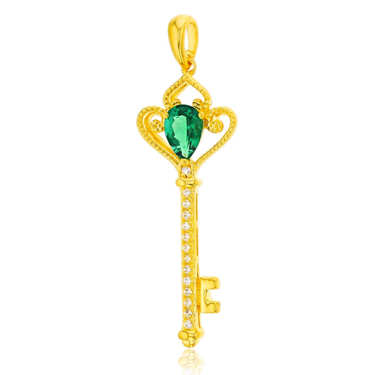 Sterling Silver Yellow PS Created Emerald & Rnd Created White Sapphire Milgrain Key Pendant