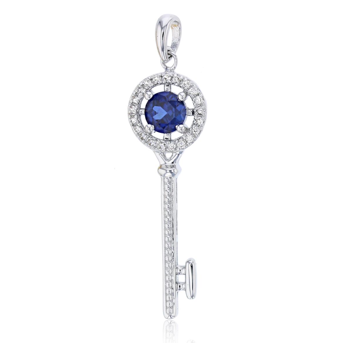 Sterling Silver Rhodium Rnd Created Blue Sapphire & Created White Sapphire Key Pendant