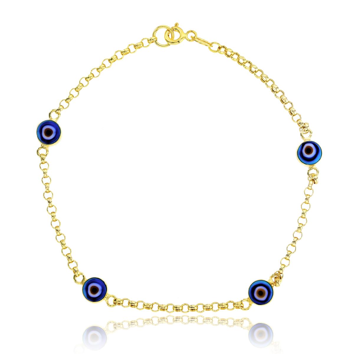 10K Yellow Gold 4-Enamel Evil Eyes 6.3mm  8.25"Chain Bracelet