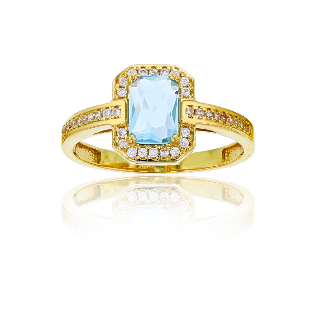 10K Yellow Gold 7x5mm Sky Blue Emerald Cut Halo Engagement Ring