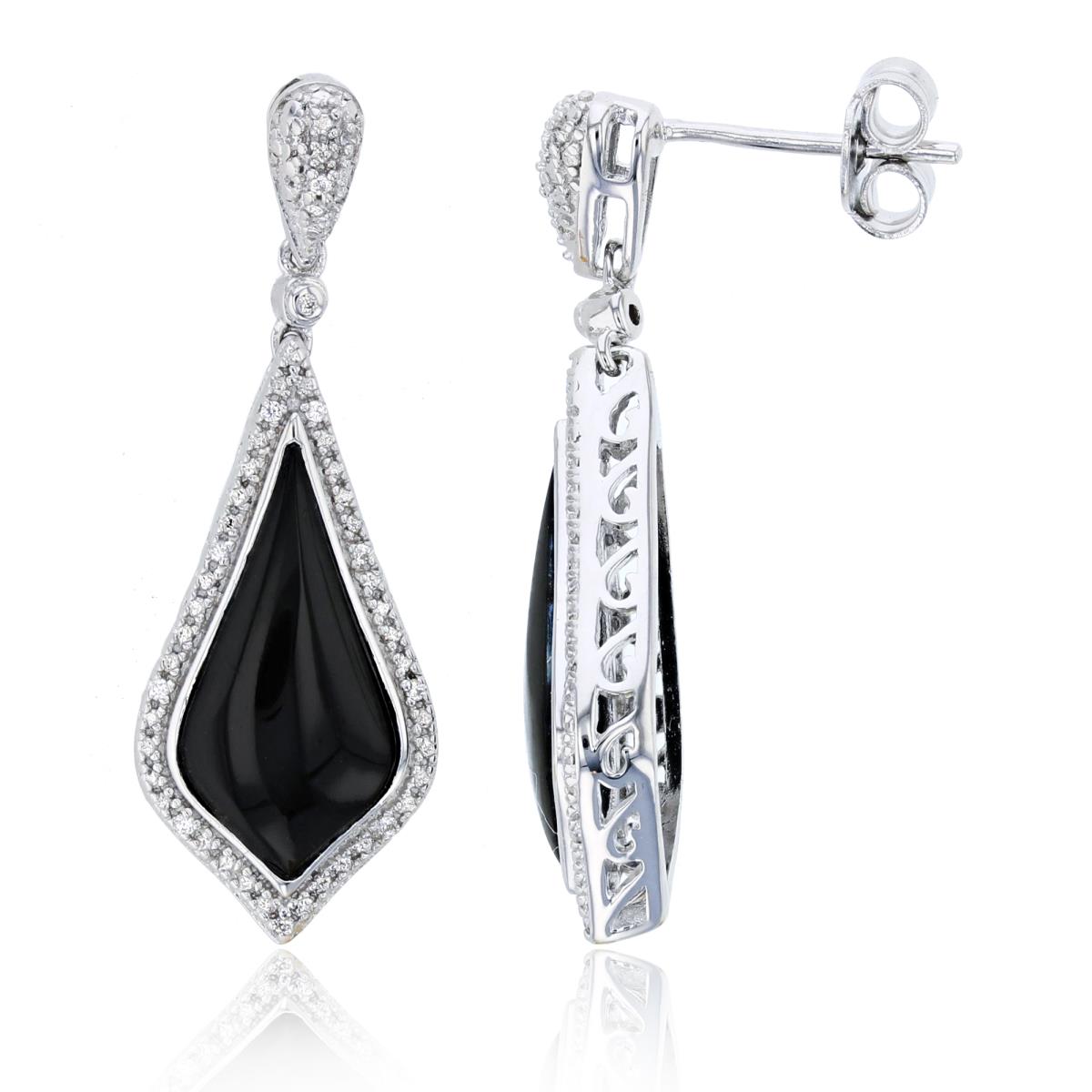 Sterling Silver Rhodium 0.052cttw Rnd Diamonds & 16x8mm Fancy Cut Inlay Onyx Kite Dangling Earrings