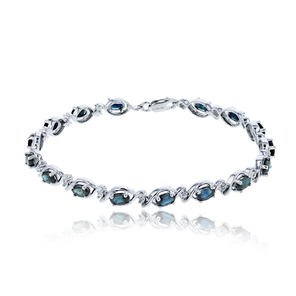 Sterling Silver Rhodium 5x3mm Oval Cr Sapphire & Rnd Cr White Sapphire Invert Linked Bracelet
