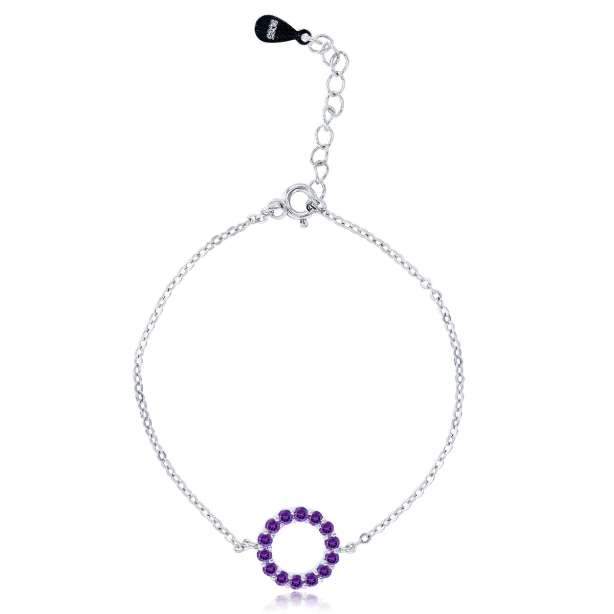 Sterling Silver Rhodium 2mm Rnd Amethyst Circle & 6"+1" Extender Chain Bracelet