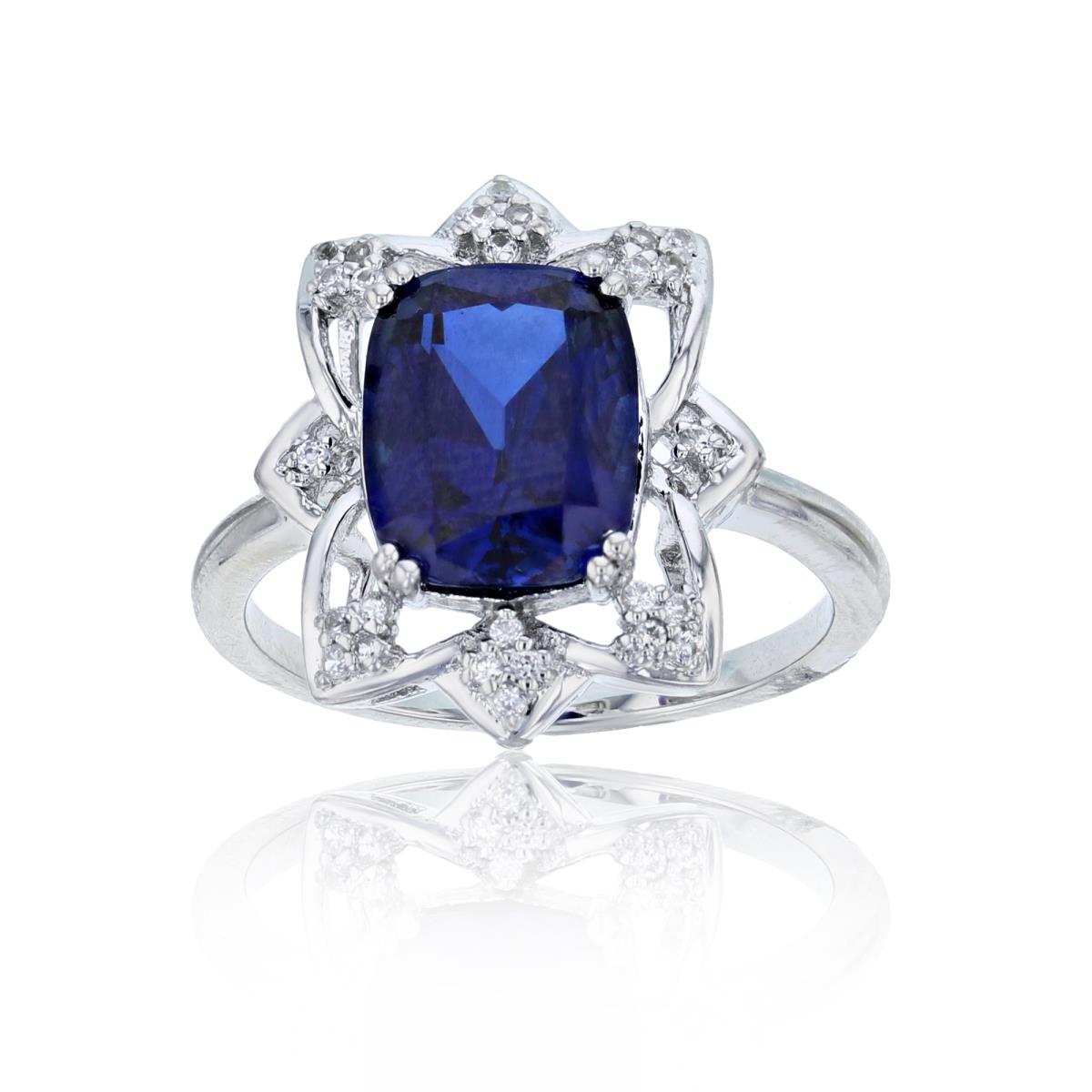 Sterling Silver Rhodium 10x8mm Cushion Cr Blue Sapphire & 1mm Rd Cr White Sapphire Ring