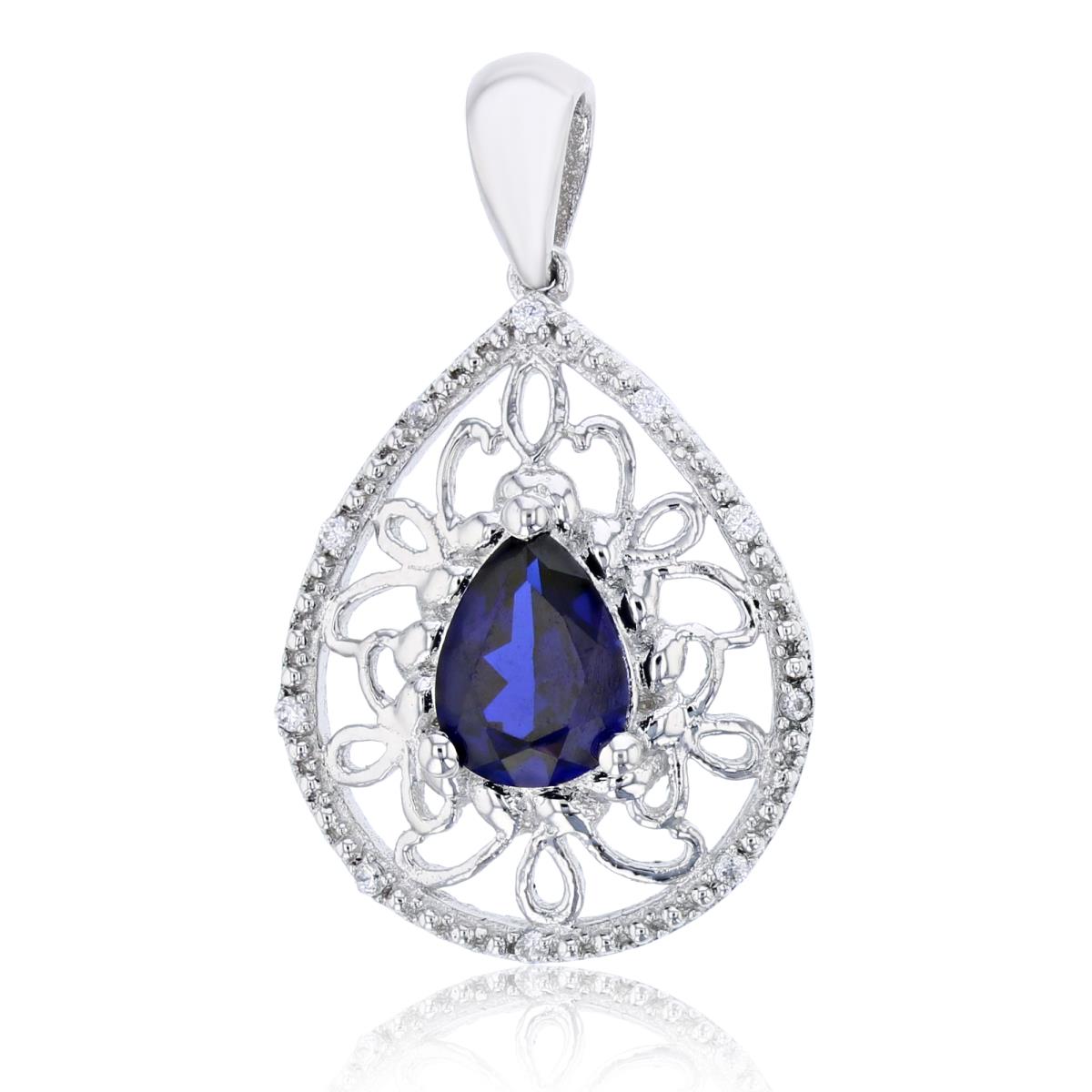 Sterling Silver Rhodium 8x5mm Pear Cr Sapphire & 0.05 CTTW Diamonds Pendant