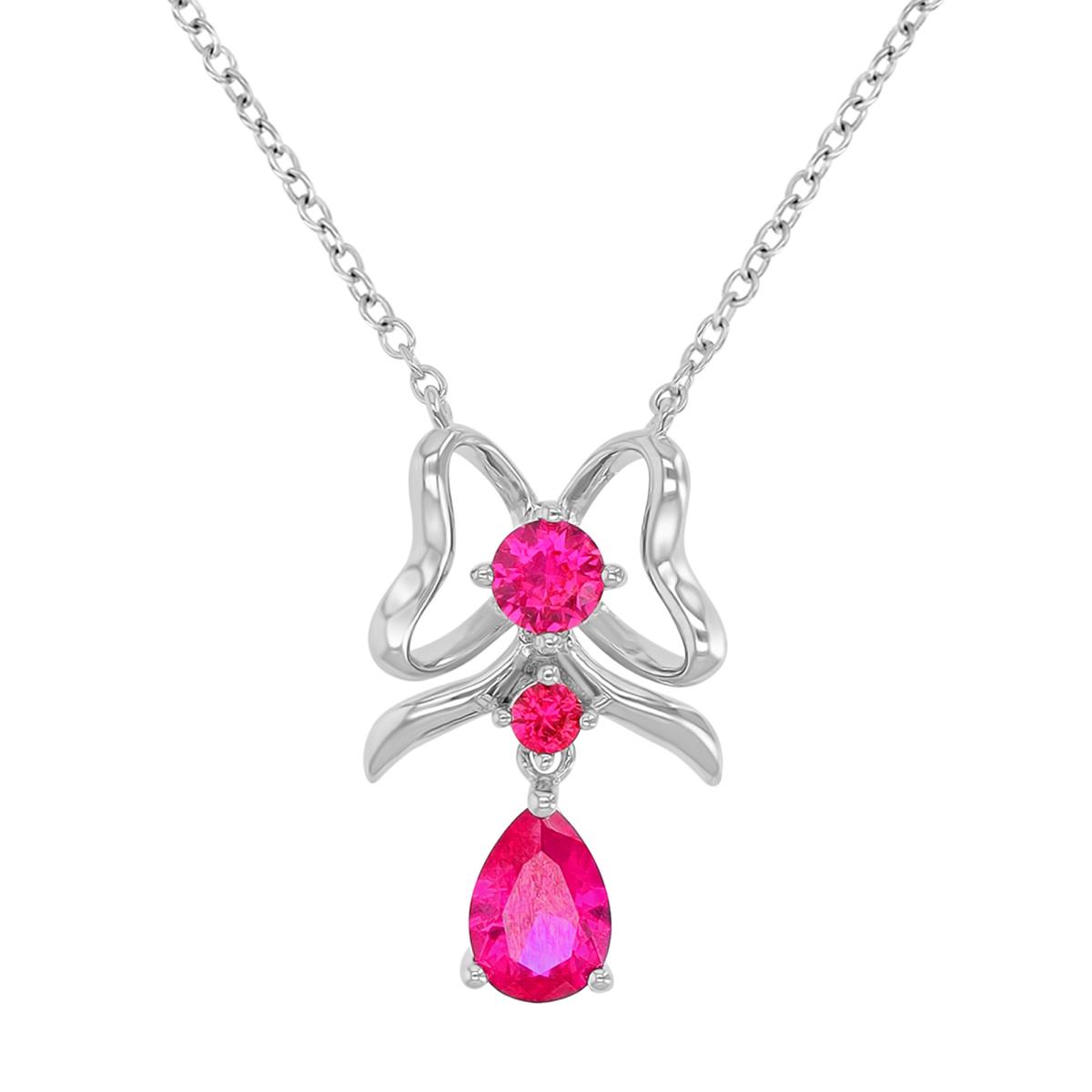 Sterling Silver Rhodium PS & Rnd Created Ruby Ribbon & Dangling Drop Necklace