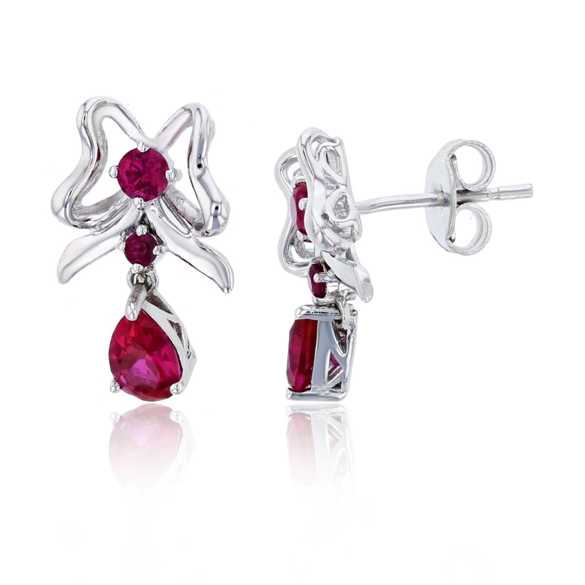Sterling Silver Rhodium PS & Rnd Created Ruby Bow & Dangling Drop Earring