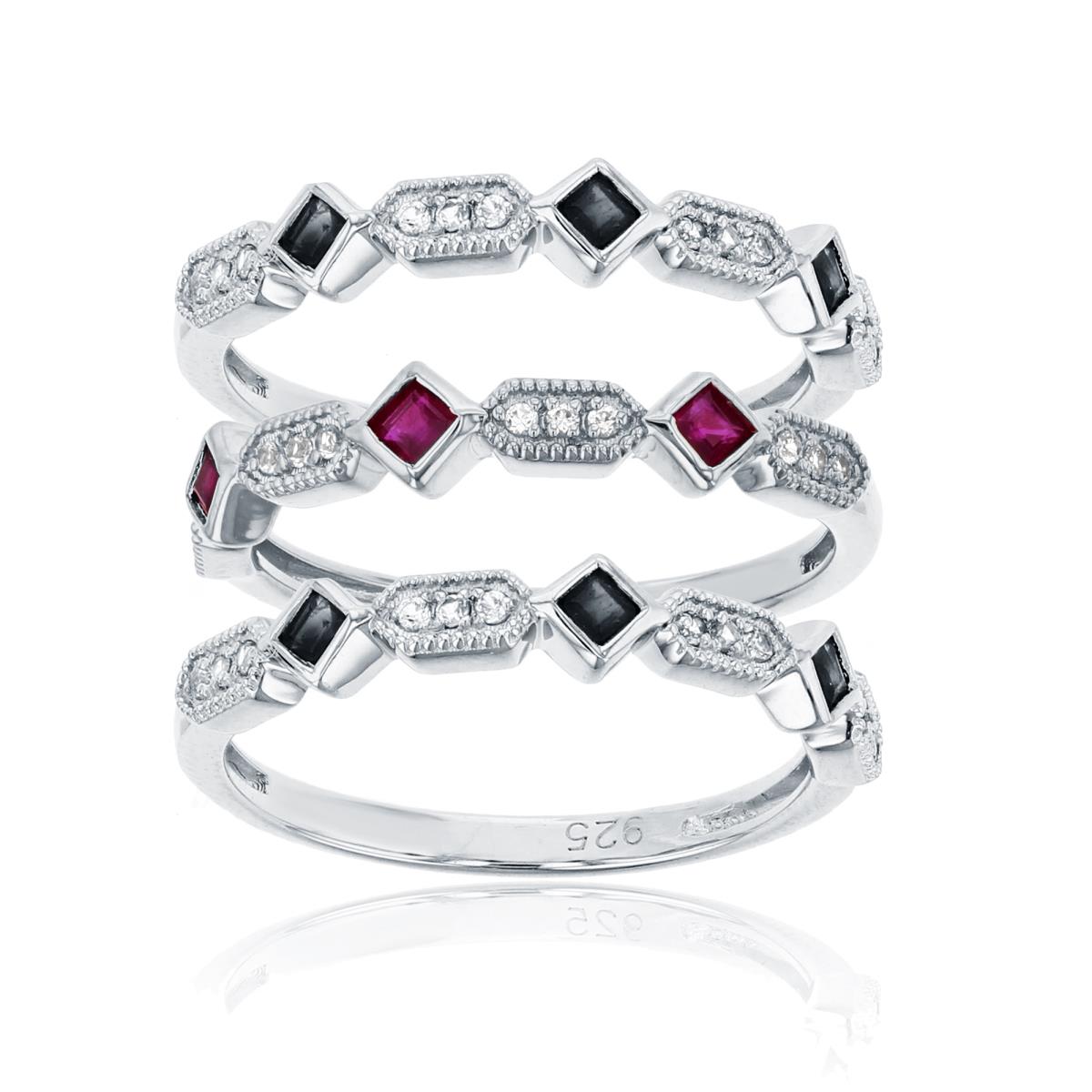 Sterling Silver Rose/White  SQ/RND Created Multicolor 3-Stackable Rings