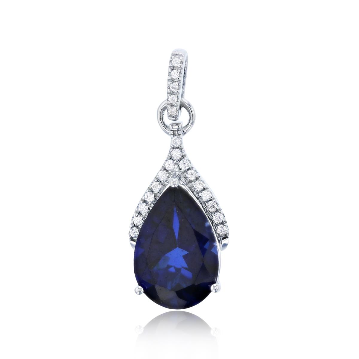 Sterling Silver Rhodium 12x8mm Pear Cut Cr Blue Sapphire & Rd Cr White Sapphire Dangling Pendant