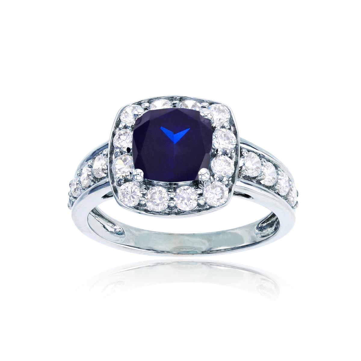 Sterling Silver Rhodium 7mm Cush Created Blue Sapphire & Rnd Created White Sapphire Halo Ring