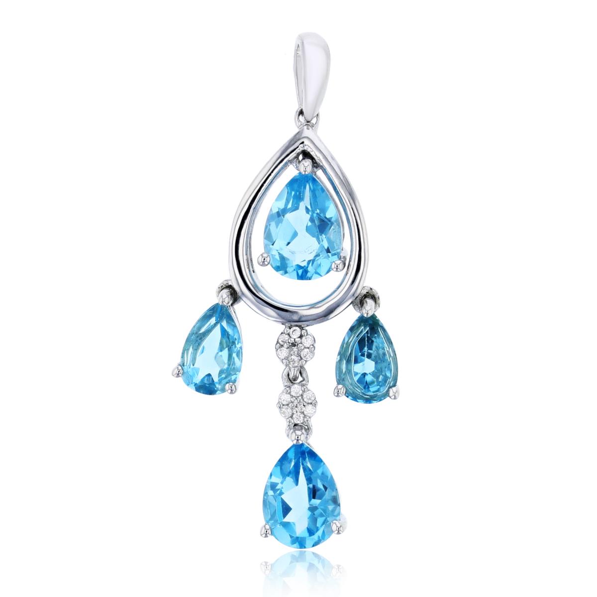 Sterling Silver Rhodium 6x4/7x5mm Pear Blue Topaz & 0.03CTTW Diamonds Dangling Pendant