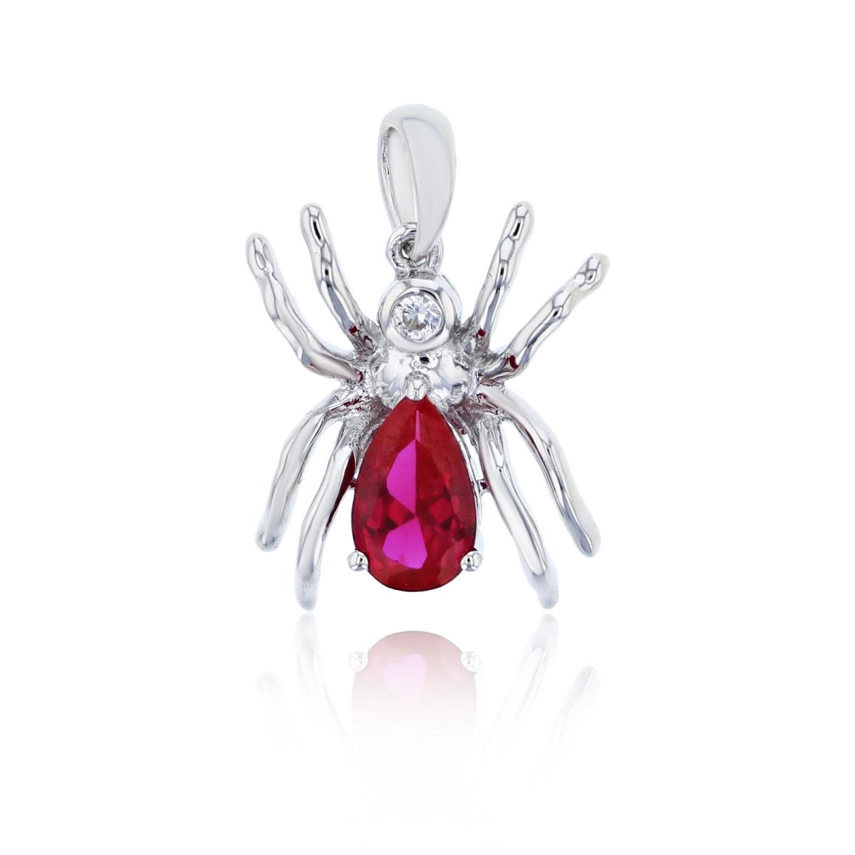 Sterling Silver Rhodium 8x5mm PS Created Ruby & 2mm Rd Created White Sapphire Spider Pendant