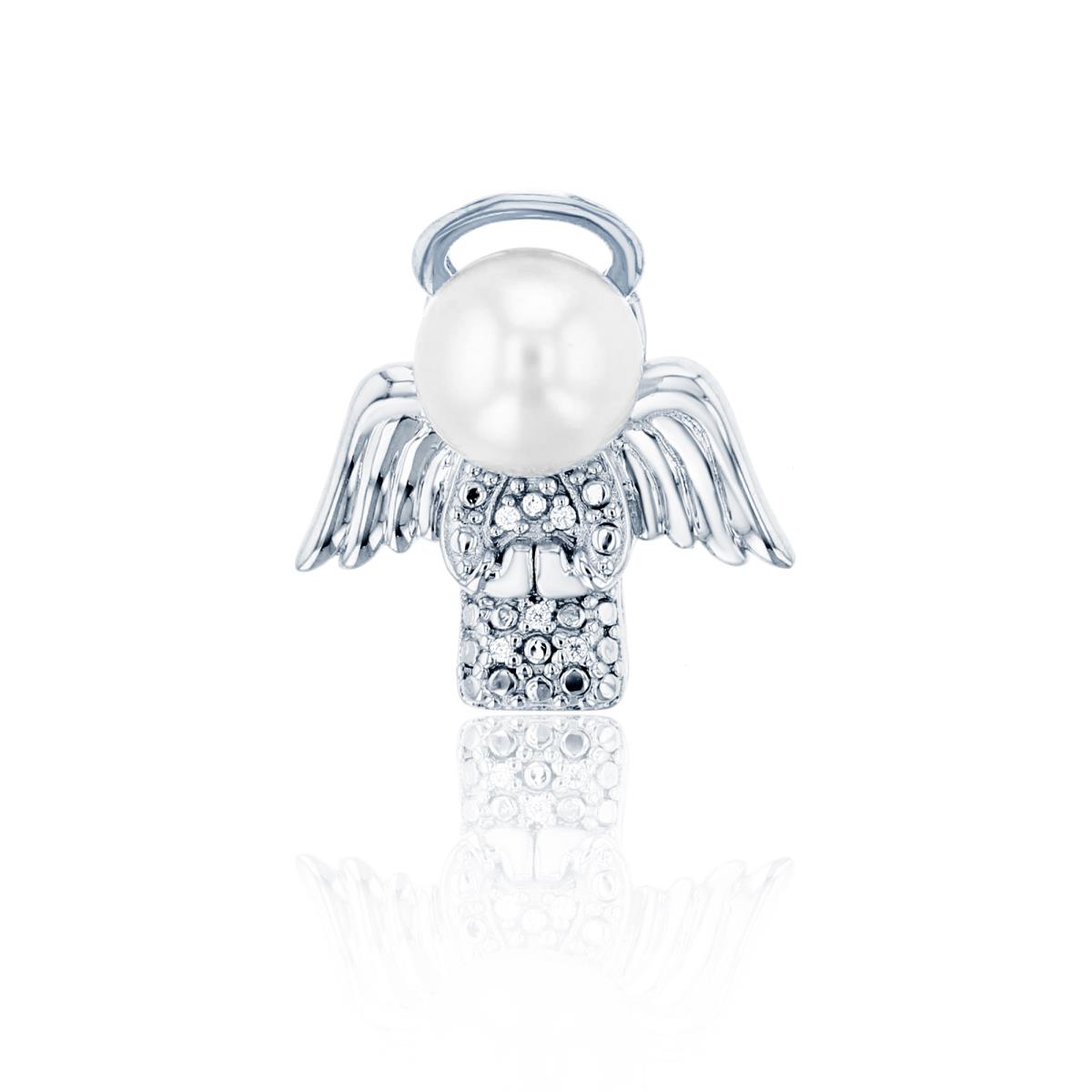 Sterling Silver Rhodium 0.01 CTTW Diamond & White Pearl Angel Pendant