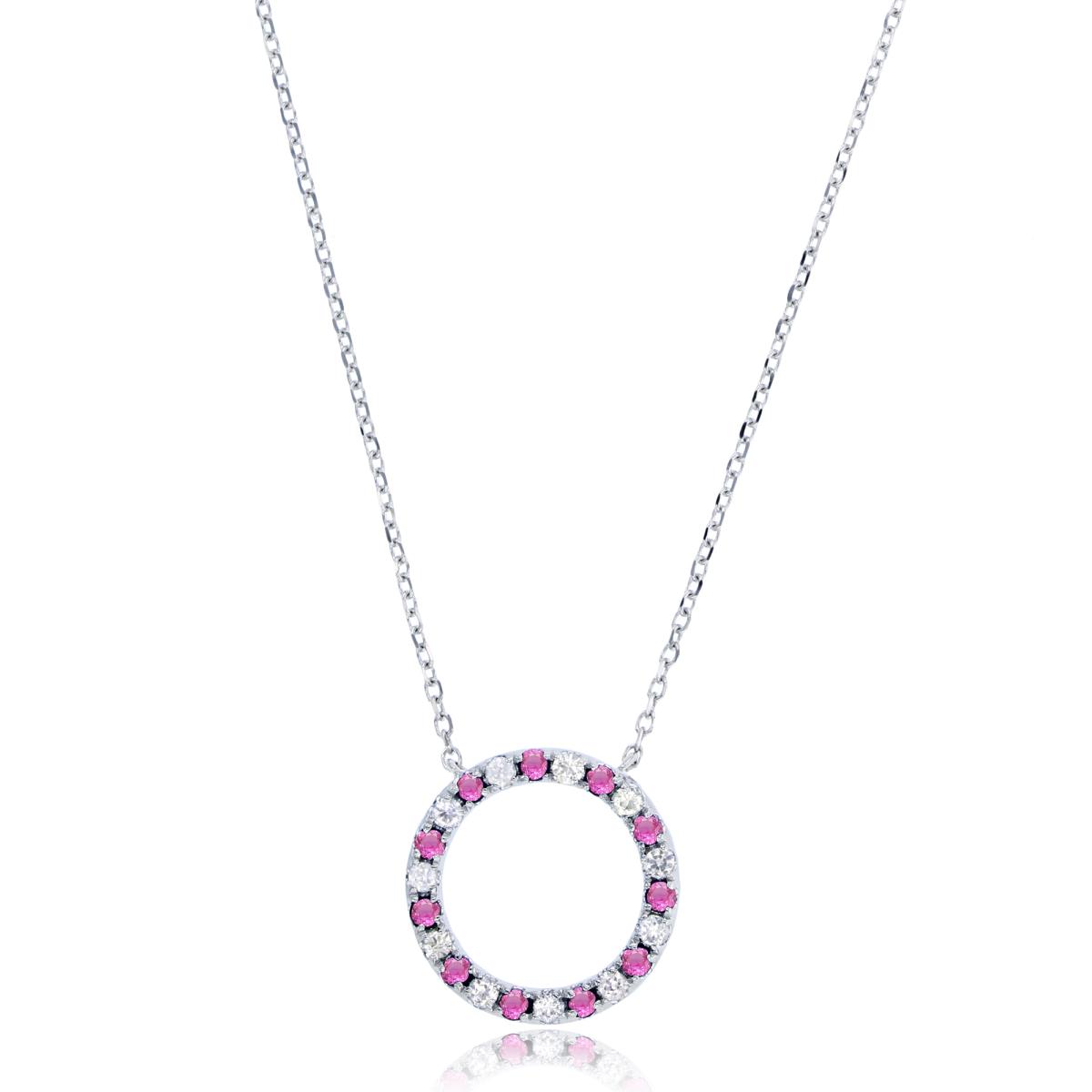Sterling Silver Rhodium 1.5mm Rnd Created Pink Sapphire & Created White Sapphire Open Circle Necklace