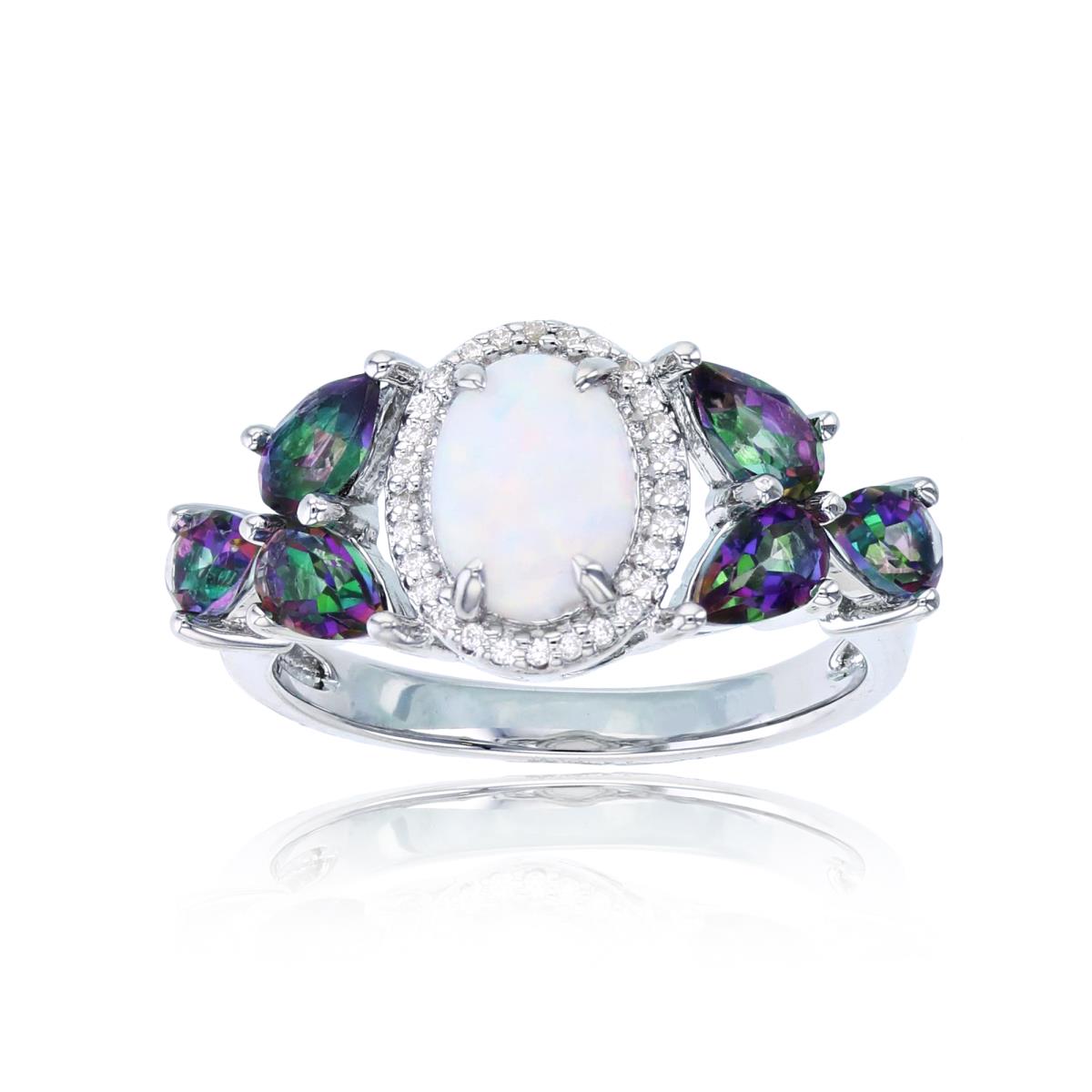 Sterling Silver Rhodium 0.06 CTTW Rnd Diamond & Ov Cr Opal /Pear Mystic Green Fashion Ring