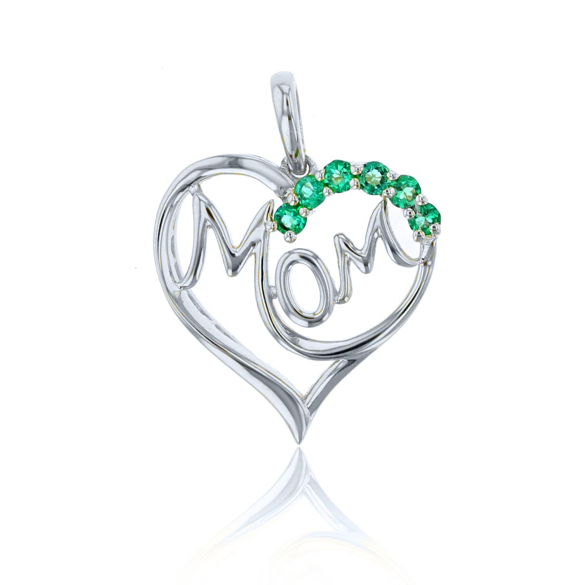 Sterling Silver Rhodium 2mm Rnd Created Emerald Heart/Mom Pendant