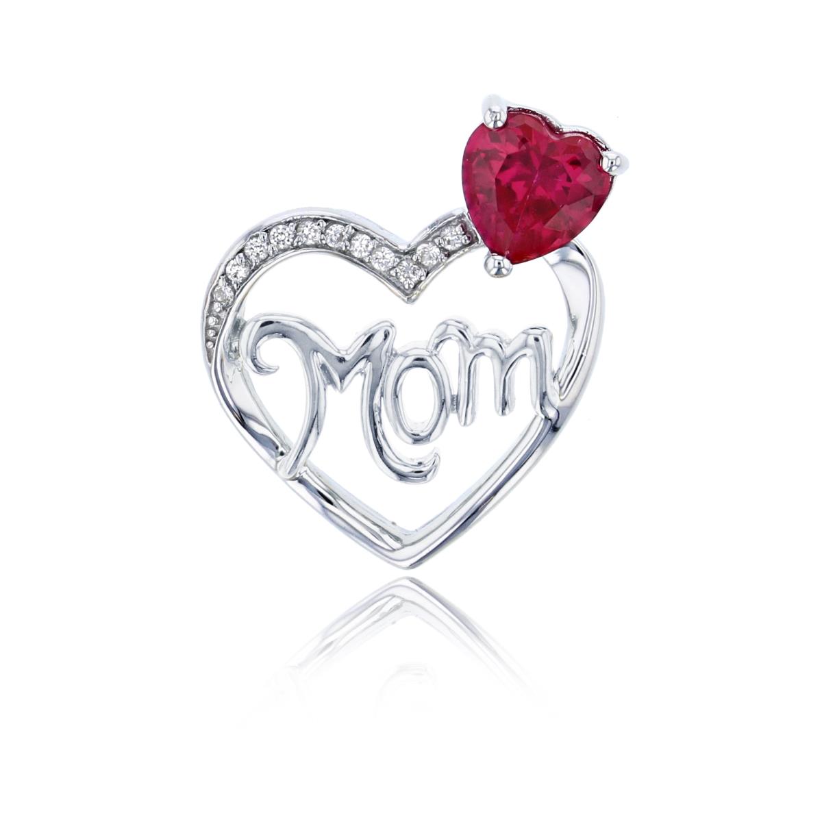 Sterling Silver Rhodium 6mm Heart Cr Ruby & Cr White Sapphire "Mom"Heart Pendant