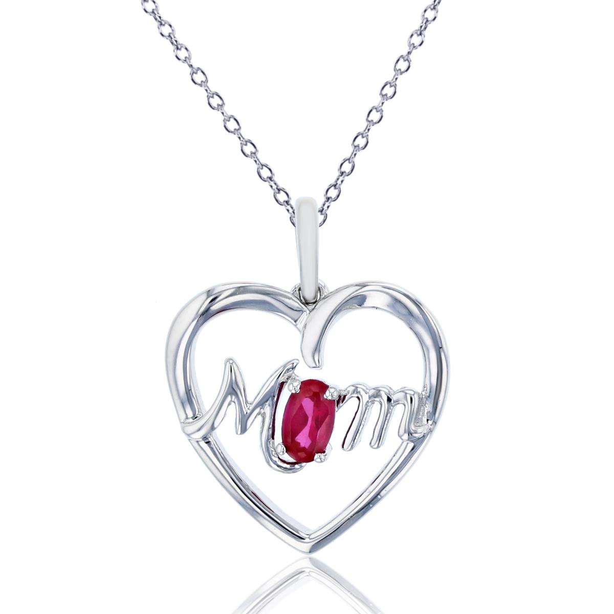Sterling Silver Rhodium Oval Created Ruby Mom Heart 18" Necklace
